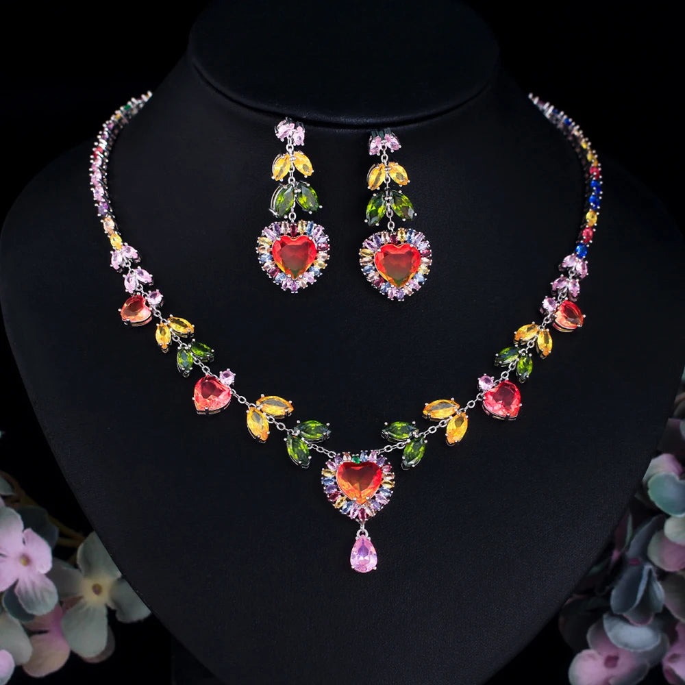Multicolor heart zircon necklace and matching drop earrings with a pink pendant