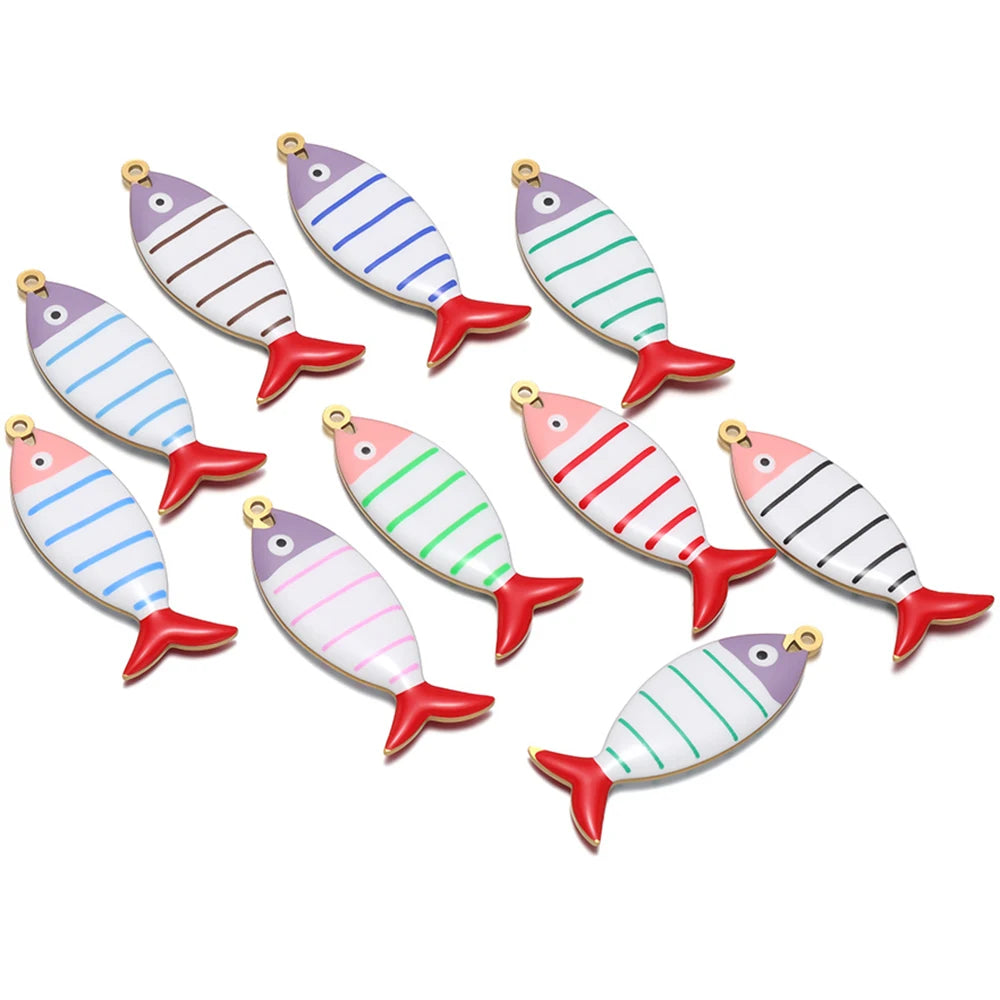 Assorted enamel striped fish pendants with gold loops, multicolor stripes