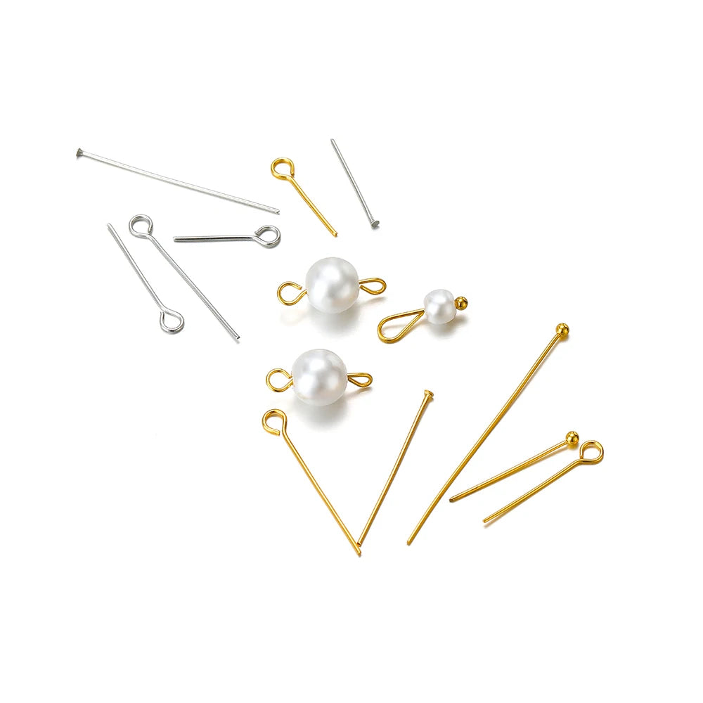 Gold and silver T-eye pins with ball heads and small loop eyes for jewelry DIY