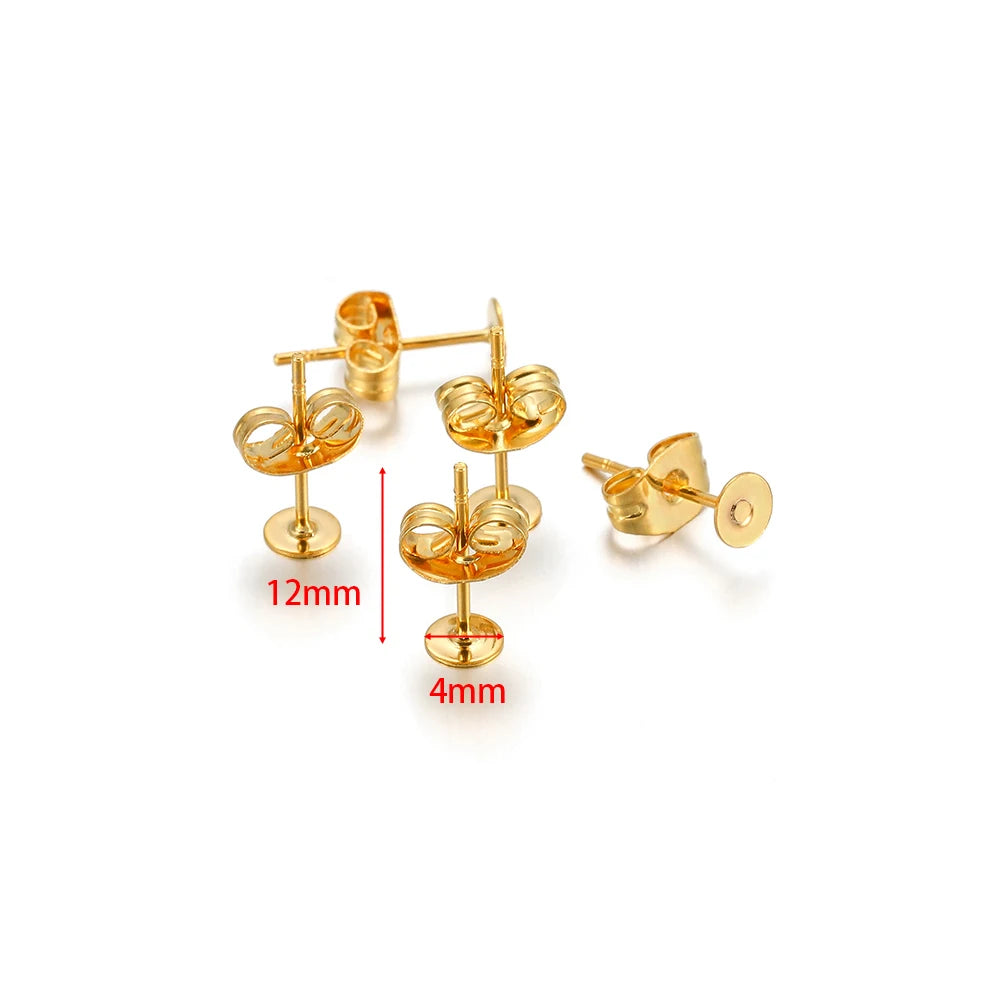 Gold round flat stud earring settings with size markers: 12mm length, 4mm base