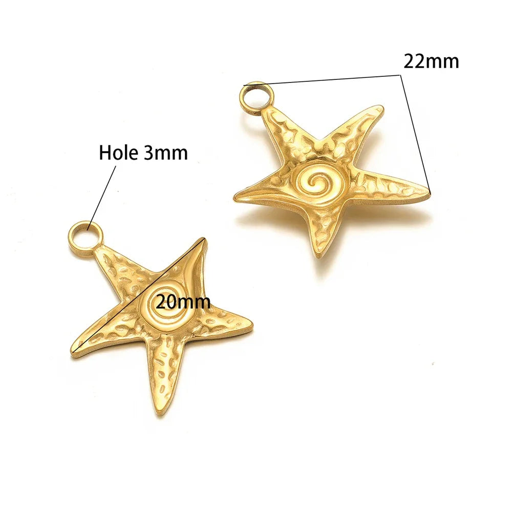 Gold starfish pendant charms with top loop; two faceted starfish shapes