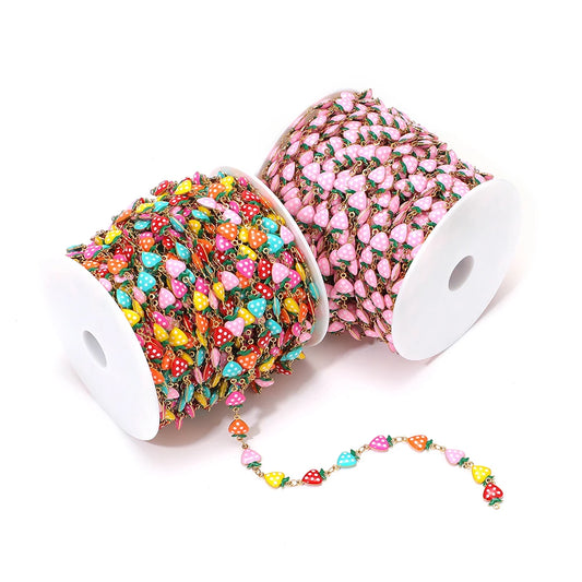 Enamel strawberry charm chain on spools, pink and multicolor, DIY jewelry bracelet length