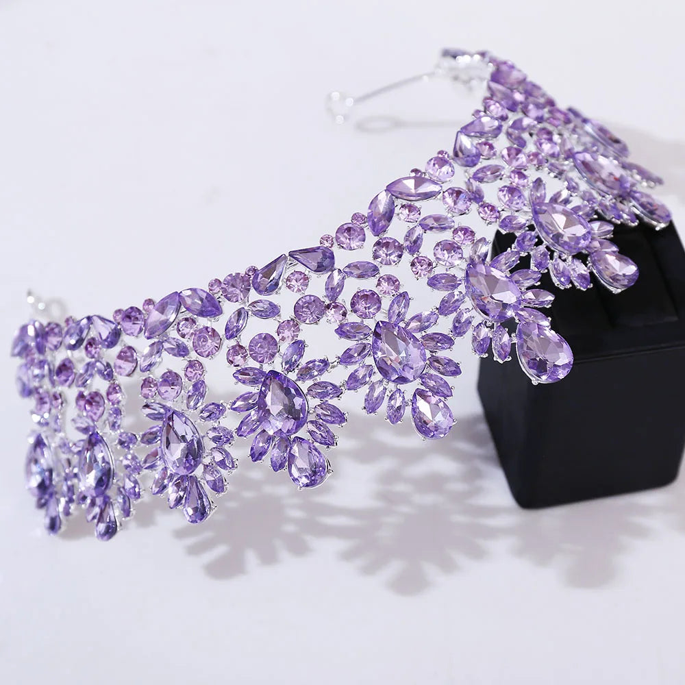 Rhinestone diadem headpiece with purple teardrop crystals and curved band
