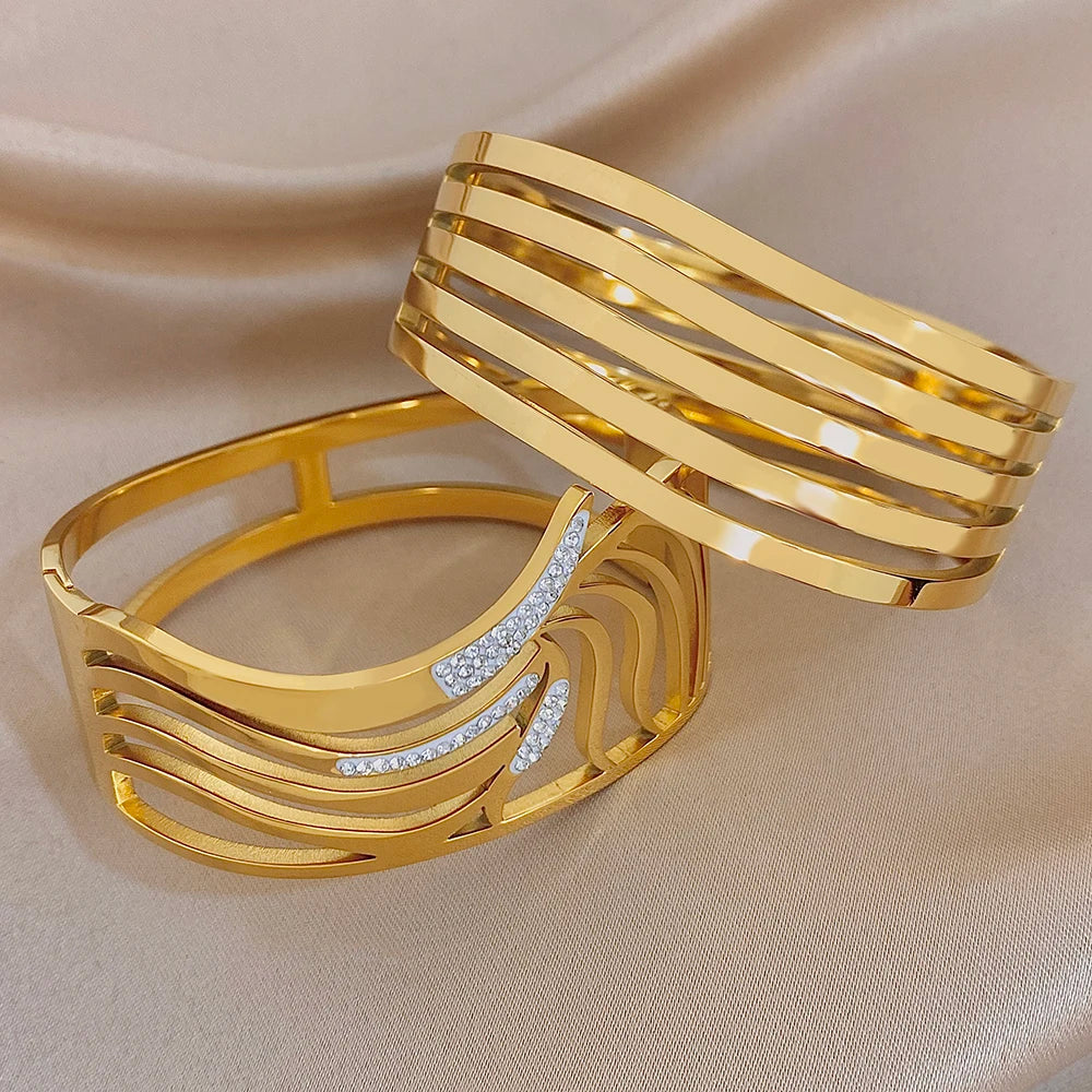 Irregular Geometric Zircon Wide Bracelets for Women Unique Design Gold Plated Stainless Steel Cuff Bangle Waterproof Jewelry Set