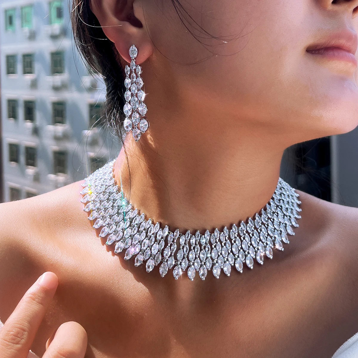 Cubic zirconia necklace and earrings set with pavé chunky leaf design