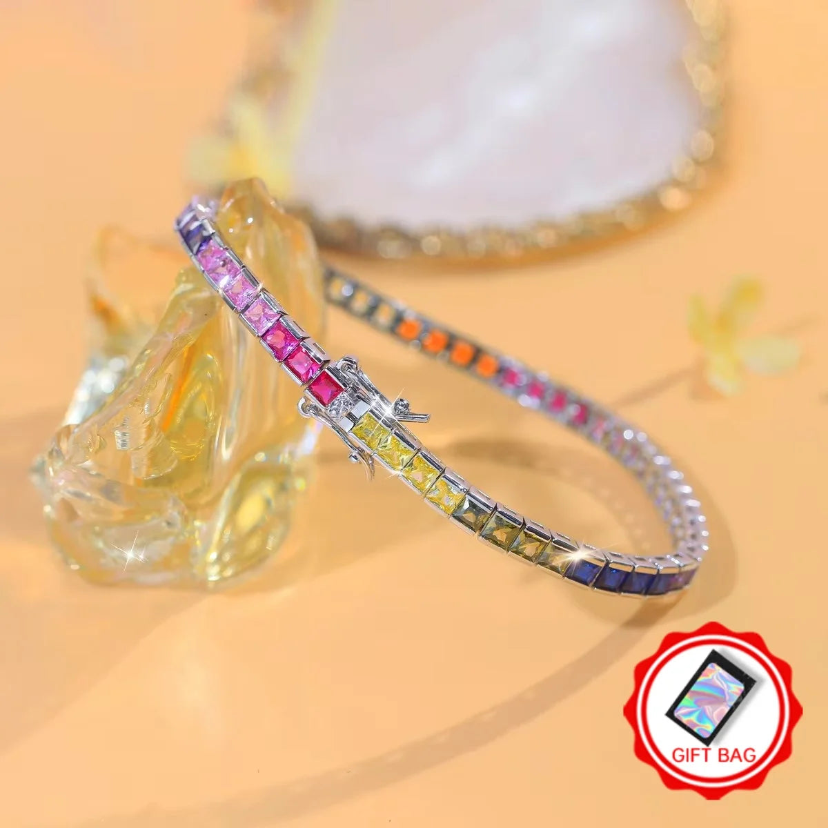 Rainbow square-cut zirconia bracelet with clasp and gift bag