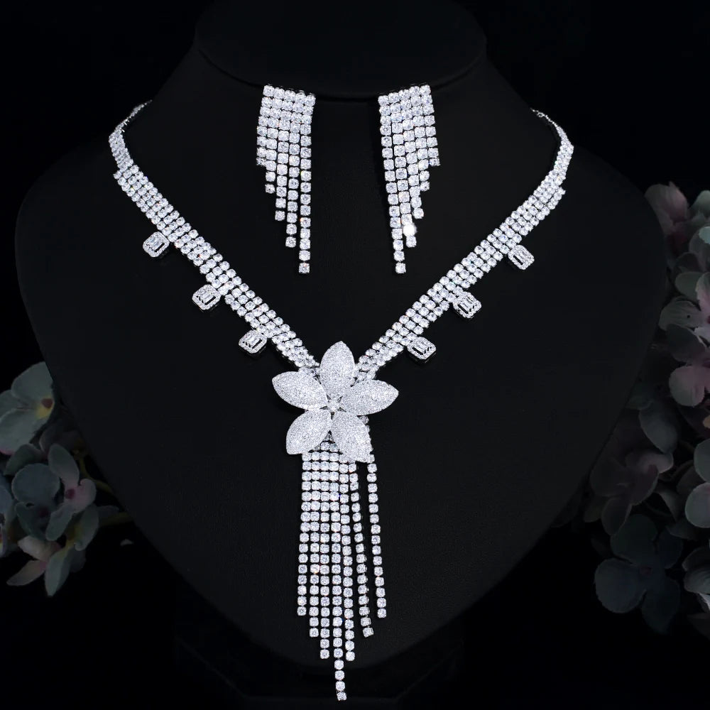Cubic zircon crystal necklace and tassel earrings set with flower pendant and dangling drops