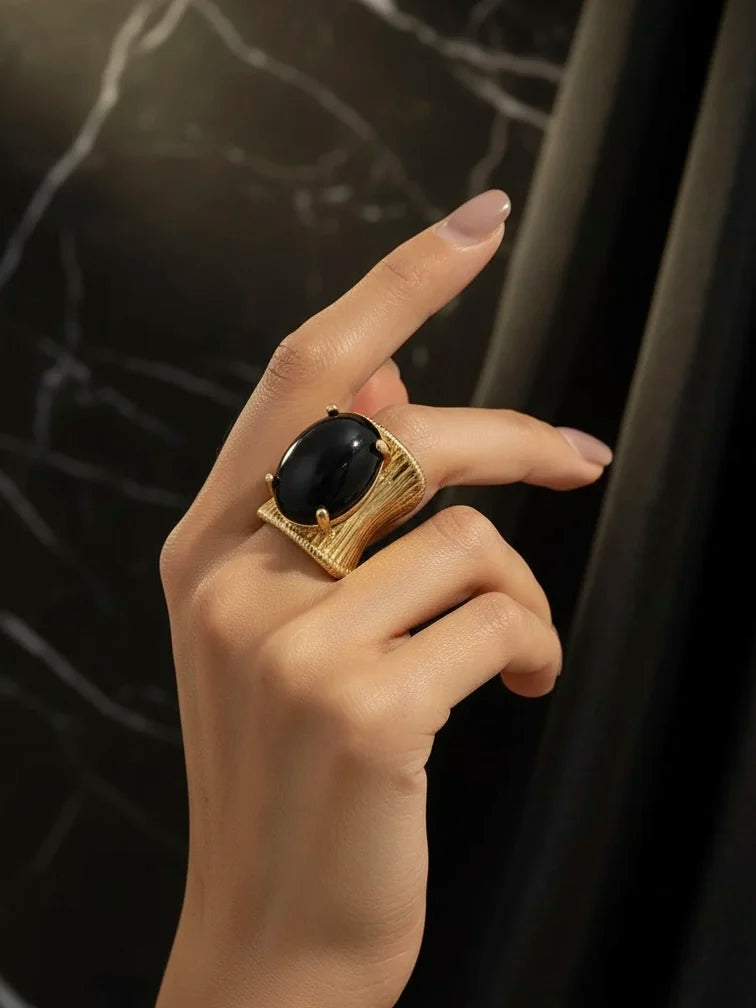 Exaggerated Imitation Gemstone Geometric Stripe Wide Rings Vintage Chunky Metal Ring for Women Jewelry Gifts