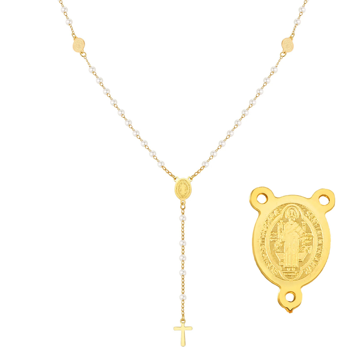 Y-shape rosary necklace with gold-tone Virgin Mary medallion and cross charm