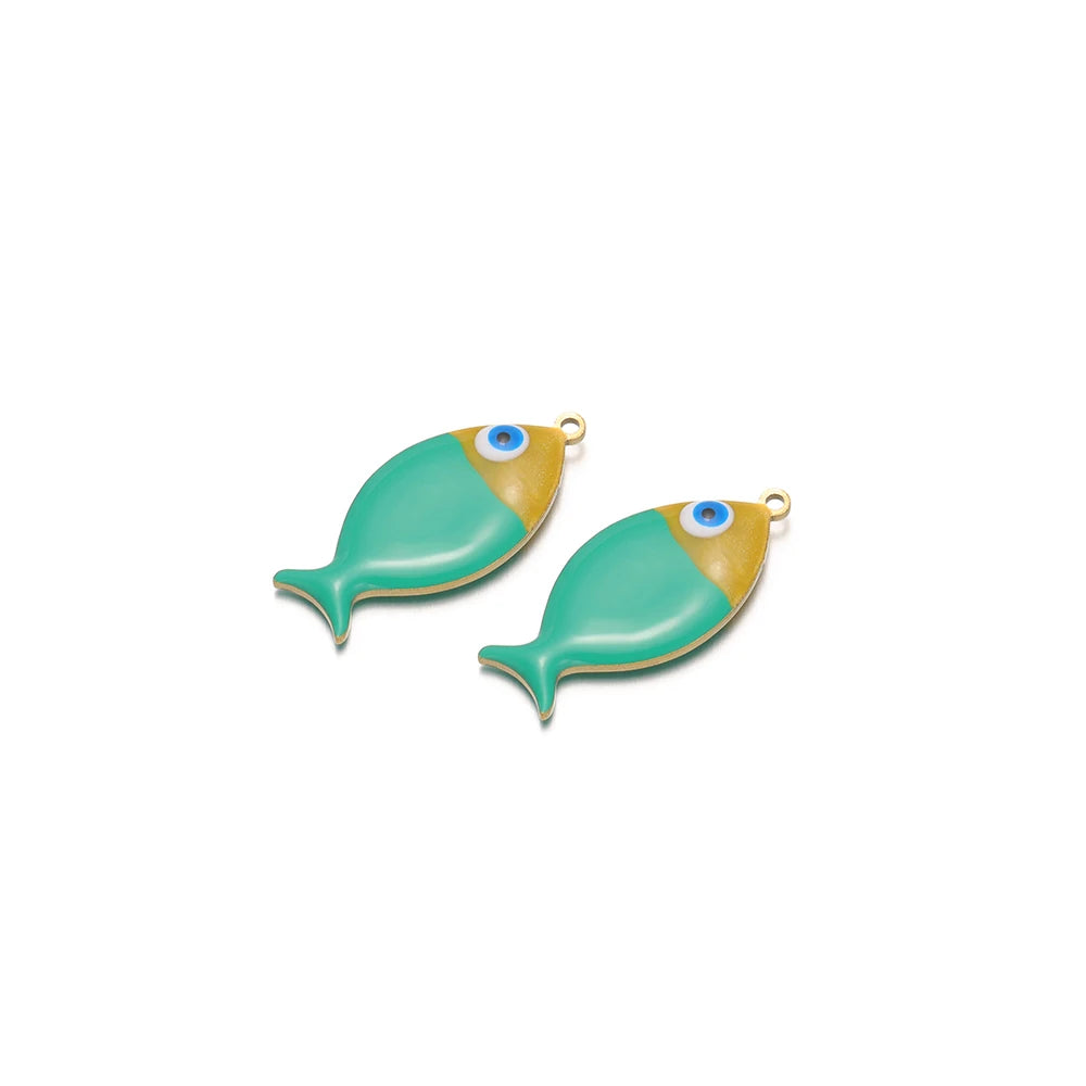 Teal enamel fish charms with gold loop and blue eye detail, 2pcs for DIY jewelry.