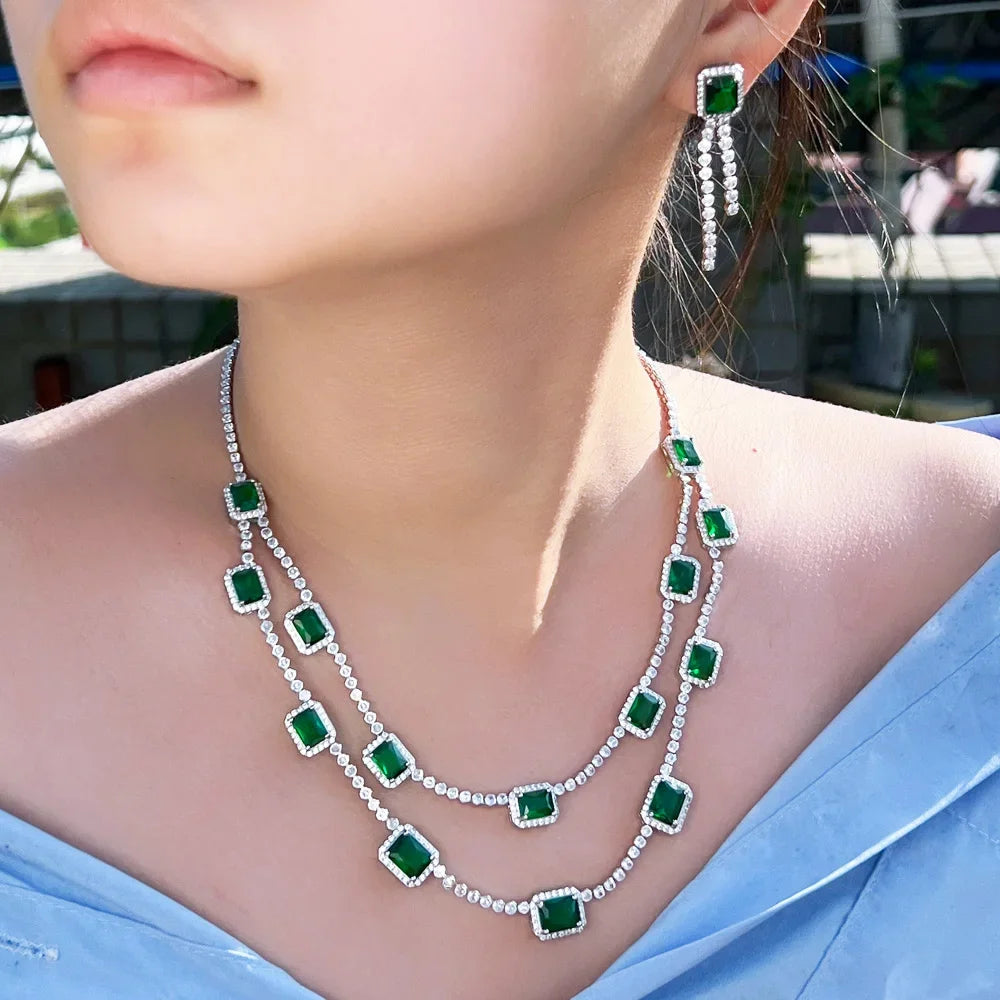 Green CZ rectangular double-layer necklace with matching dangling earring set for bridal wear