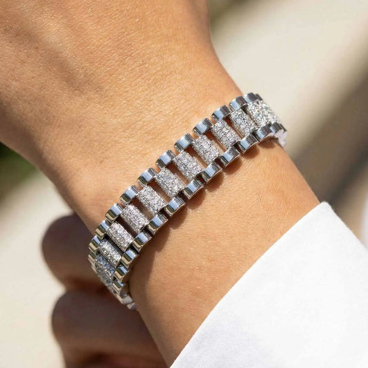 Silver-tone cubic zirconia link bracelet with rectangular stone rows for women