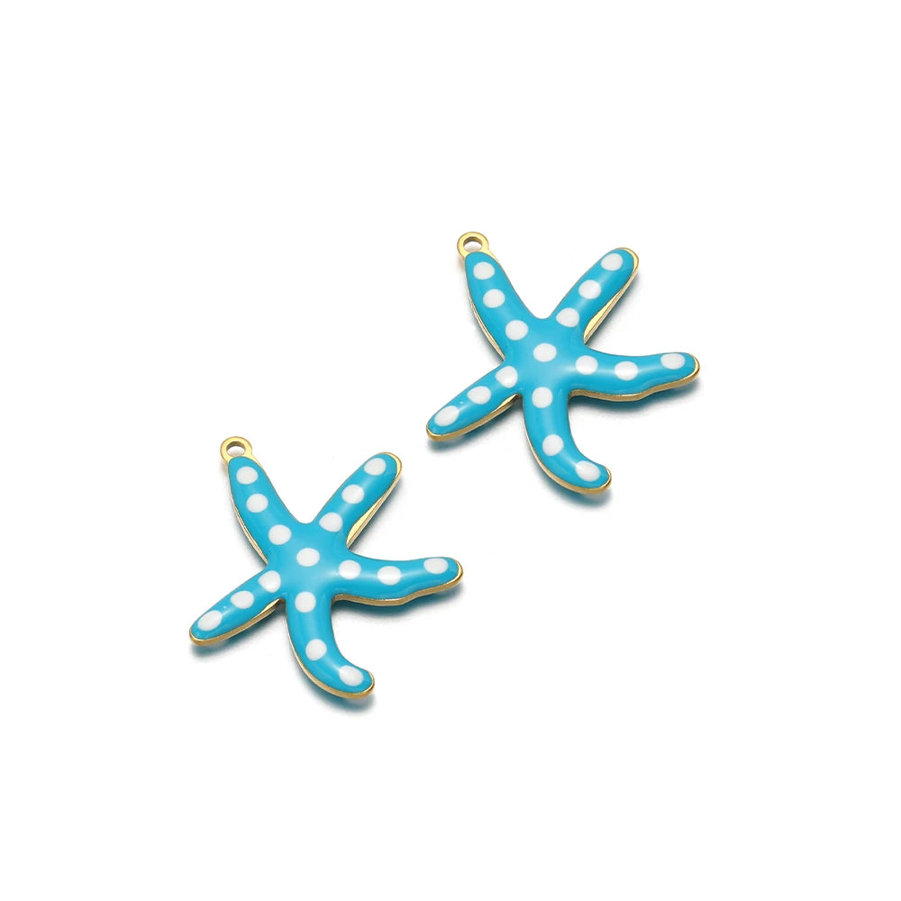 Teal enamel starfish charm with white dots and gold loop, set of 2