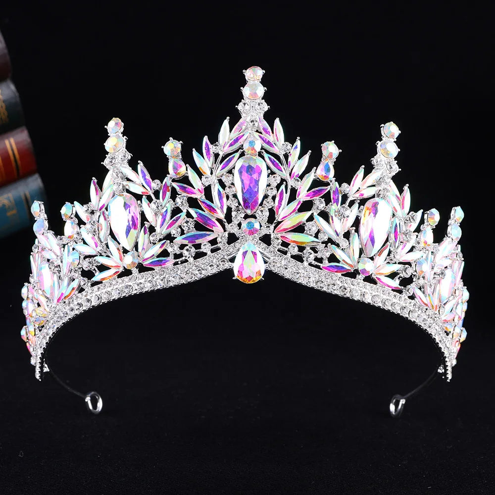 Iridescent opal crystal tiara with white rainbow stones and silver-tone crown band