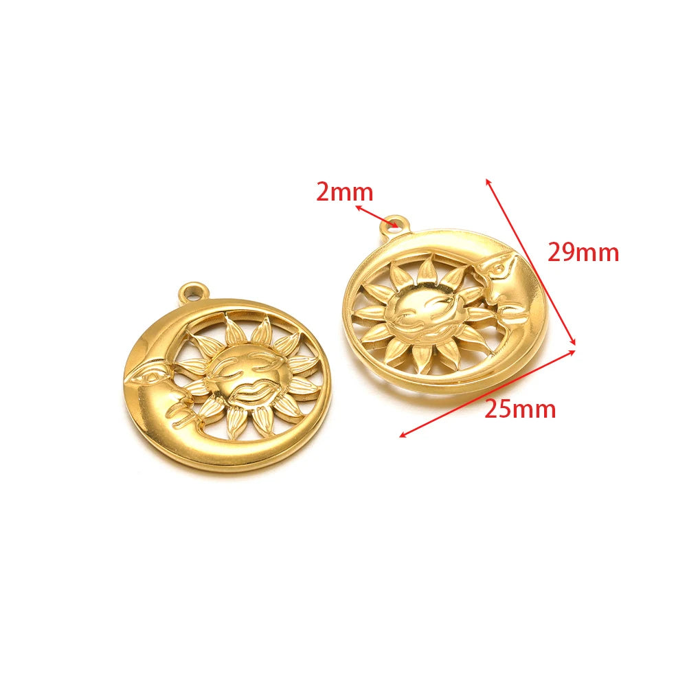 Gold round sun charm pendants with loop, two-piece set for DIY jewelry making