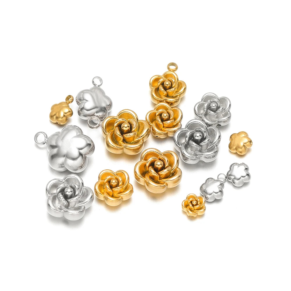Gold and silver rose flower charms with top loops, bulk DIY jewelry parts