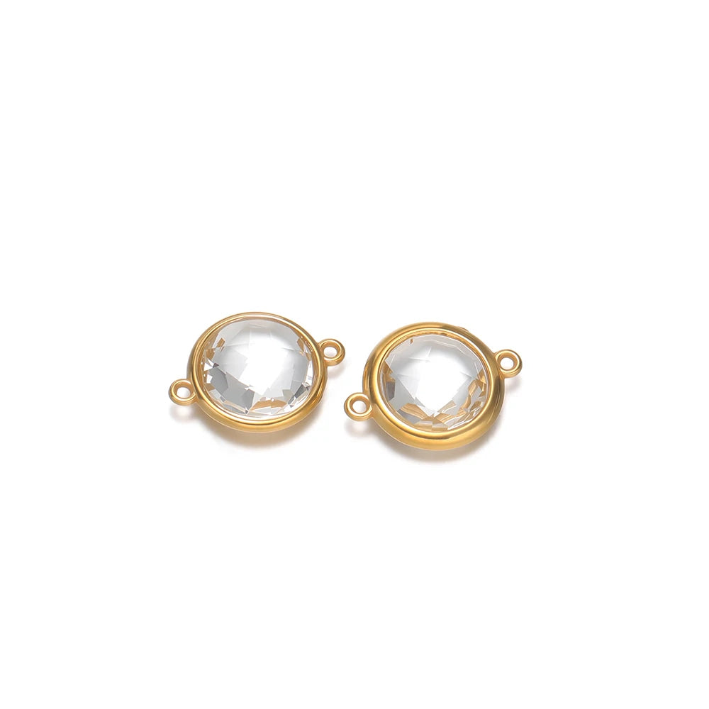 Round clear faceted glass charm pendants with gold-tone frames and loop hooks