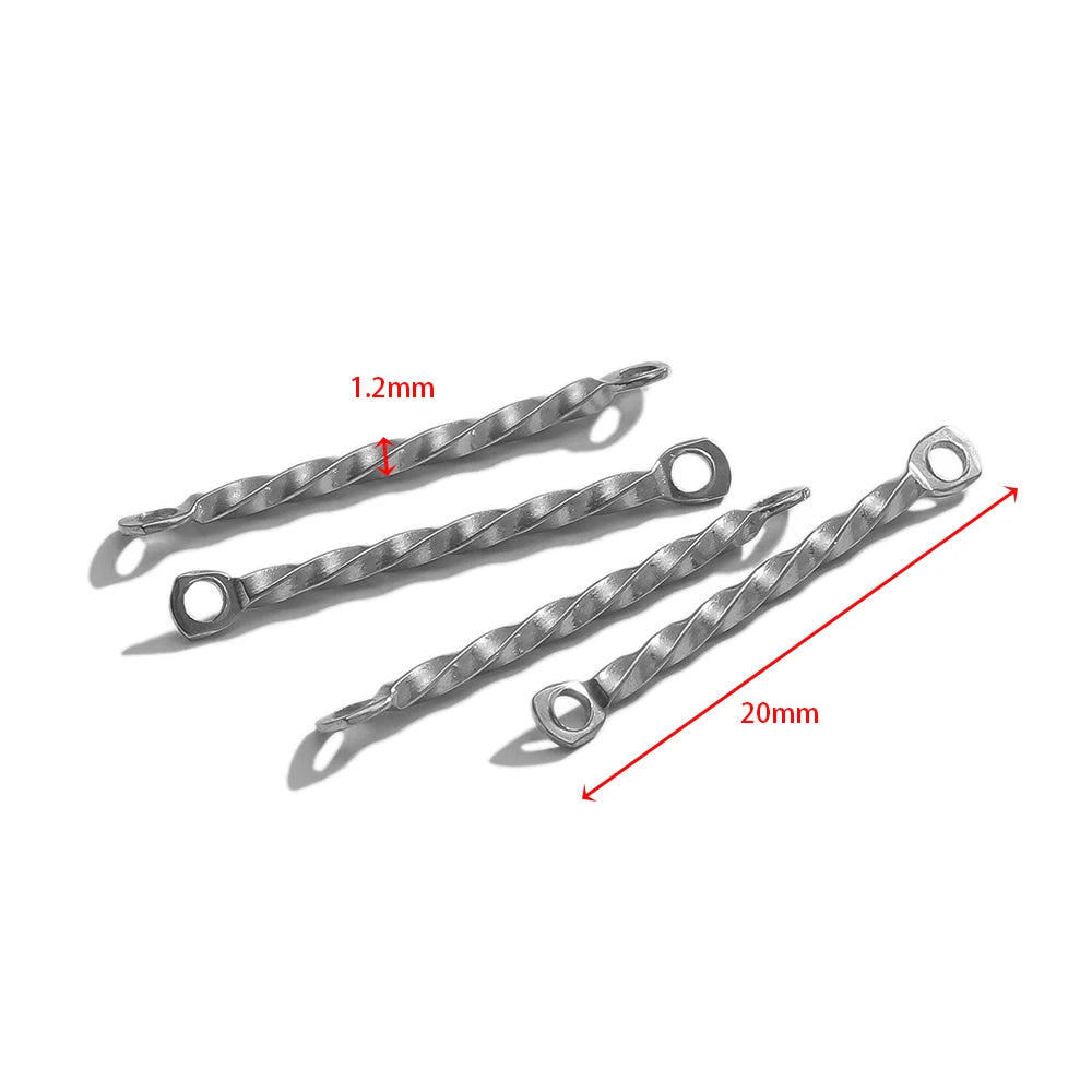Silver steel twisted rod double-hole connectors, 20mm length; 1.2mm width