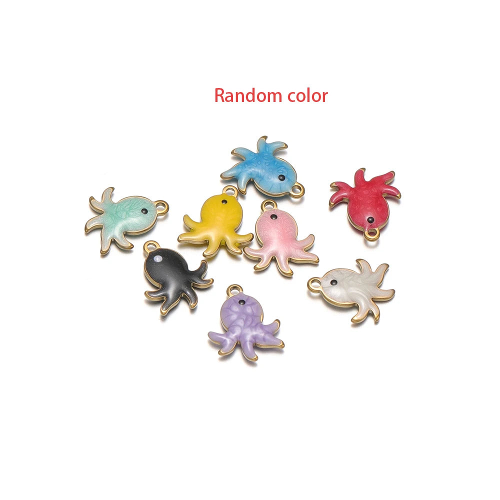 Assorted-color enamel octopus charms with gold-tone loops, 6 pendant figures