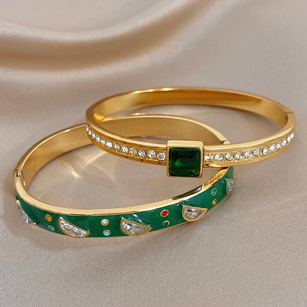 Delicate Green Enamel Stainless Steel Bangle for Women Glossy Colorful Zircon Stainless Steel Cuff Bracelets Waterproof Jewelry