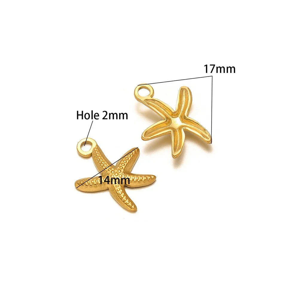 Gold starfish charm pendants, 17mm and 14mm, with 2mm holes