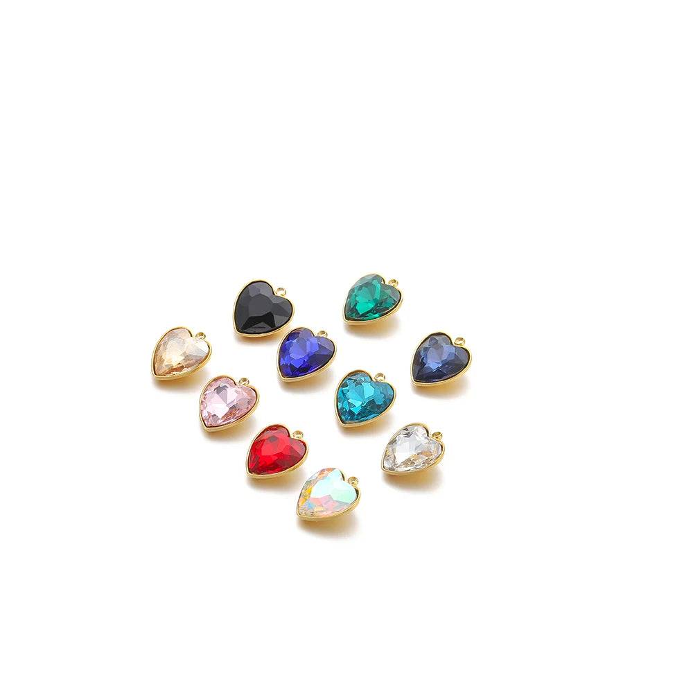 Heart crystal charm pendants set, gold-tone with black, blue, teal, pink, red, and clear stones