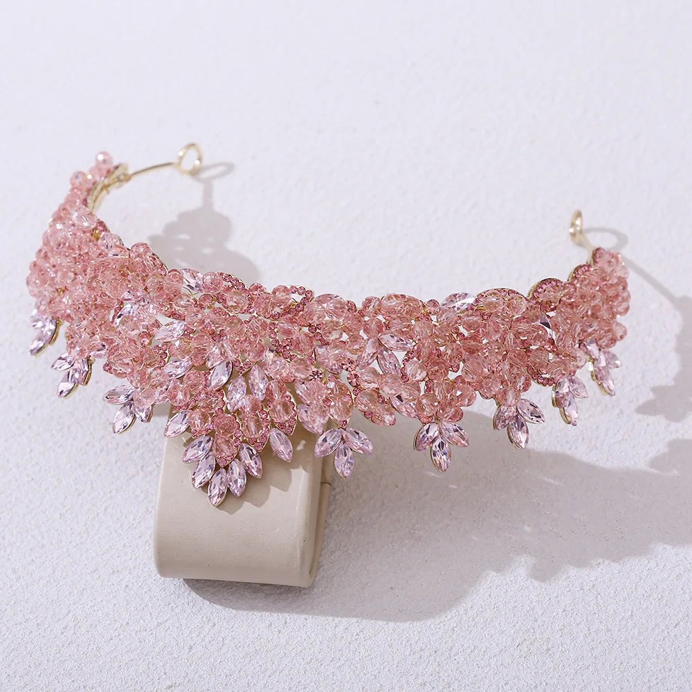 Large bridal tiara with pink crystal bead flower fringe and gold-tone frame