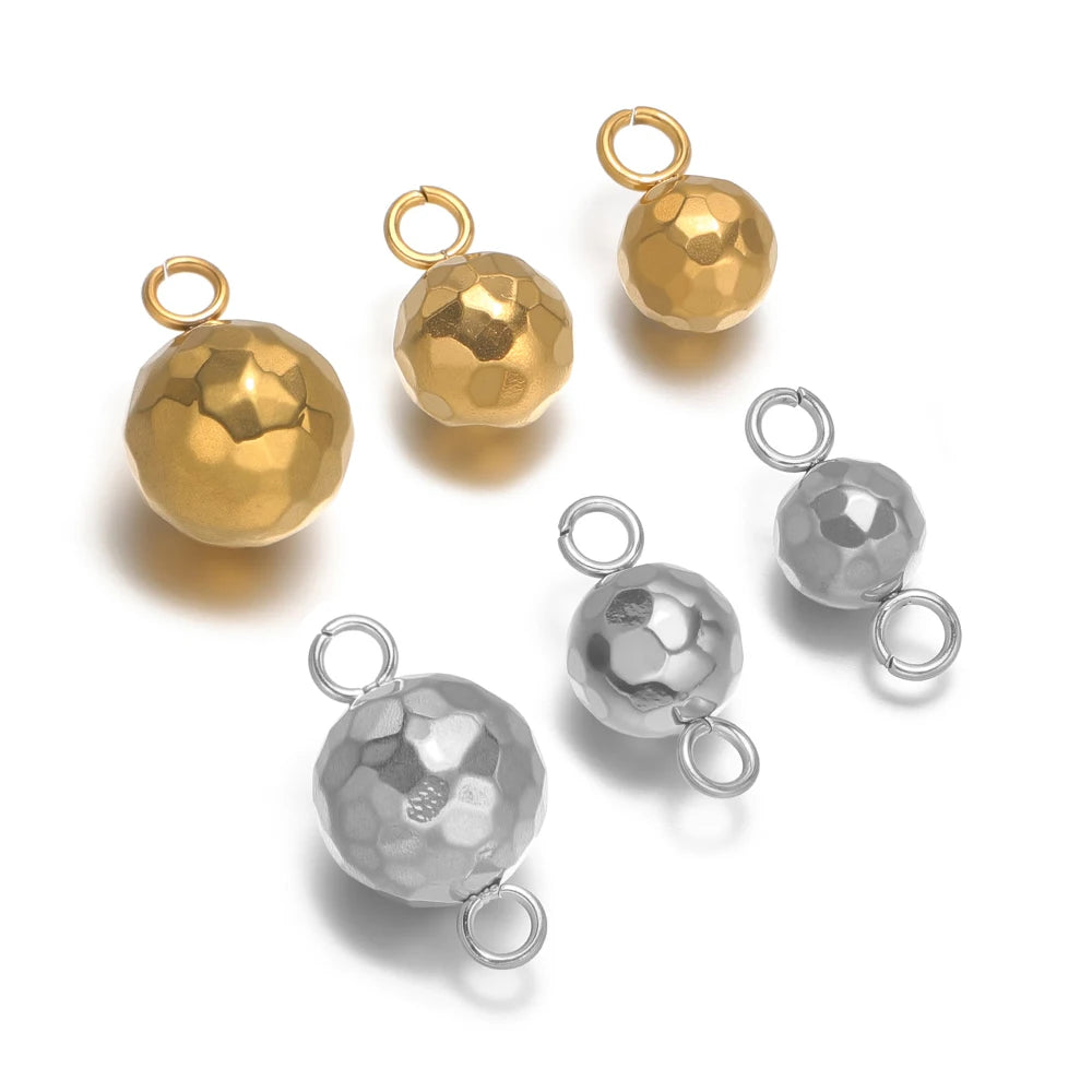 Stainless steel ball bead charms with double loops, gold and silver hammered round beads