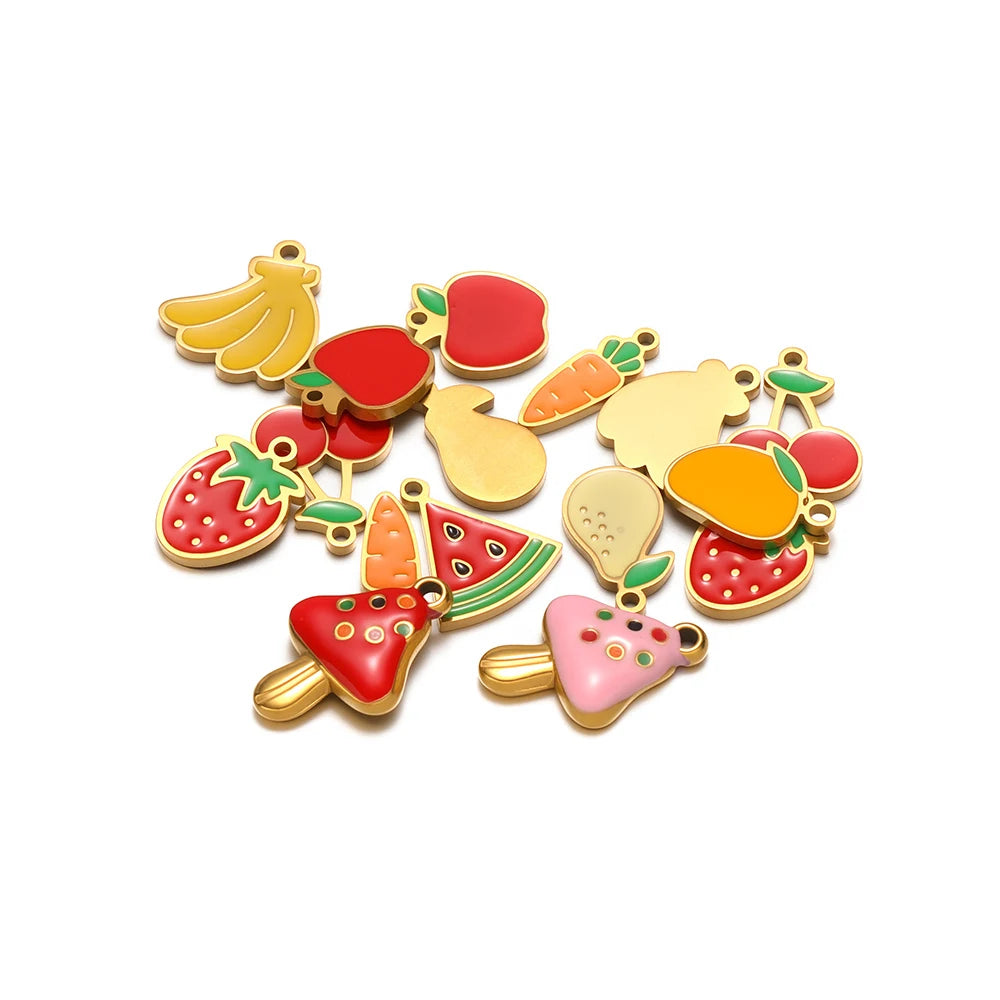 Assorted enamel fruit charm pendants with gold-tone loops, red and yellow fruit shapes set