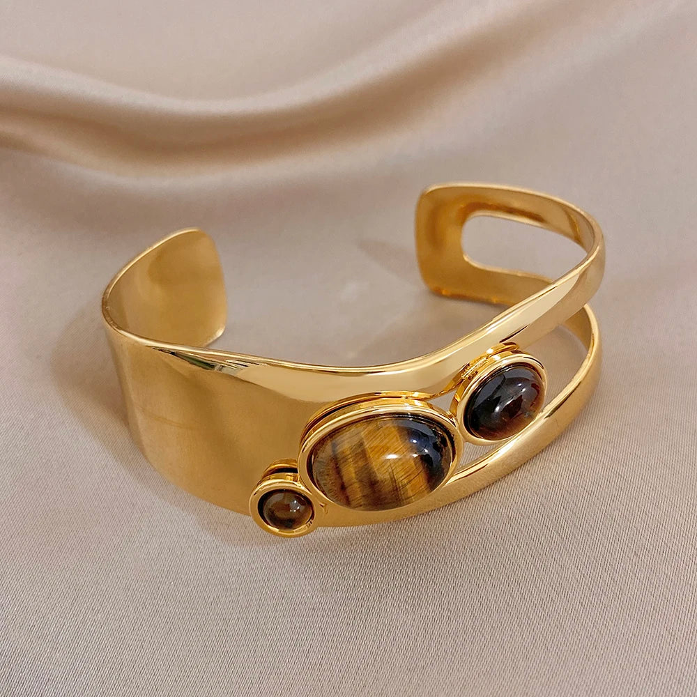 Retro Tiger Eye Stone Beads Cuff Bangle for Women Glossy Geometric Gold Plated Stainless Steel Wide Bracelets Waterproof Jewelry