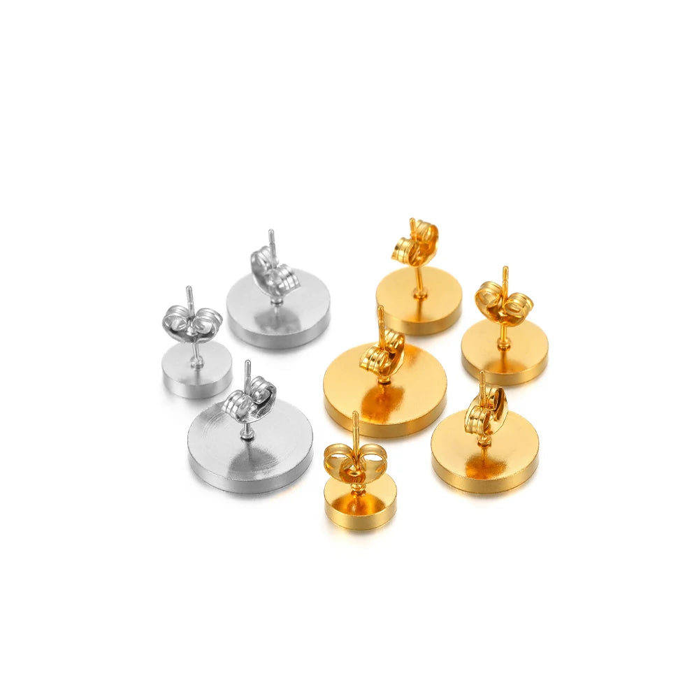 Gold and silver round stud earring base settings with butterfly-style post backs