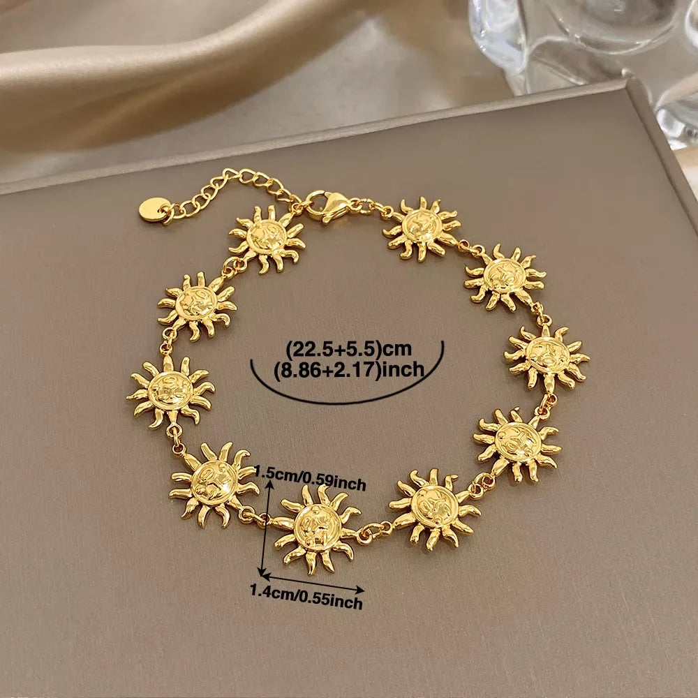Chic Gold Plated Stainless Steel Bracelet Anklet for Women Fashion Sun Totem Patchwork Bracelets Anklets Waterproof Jewelry