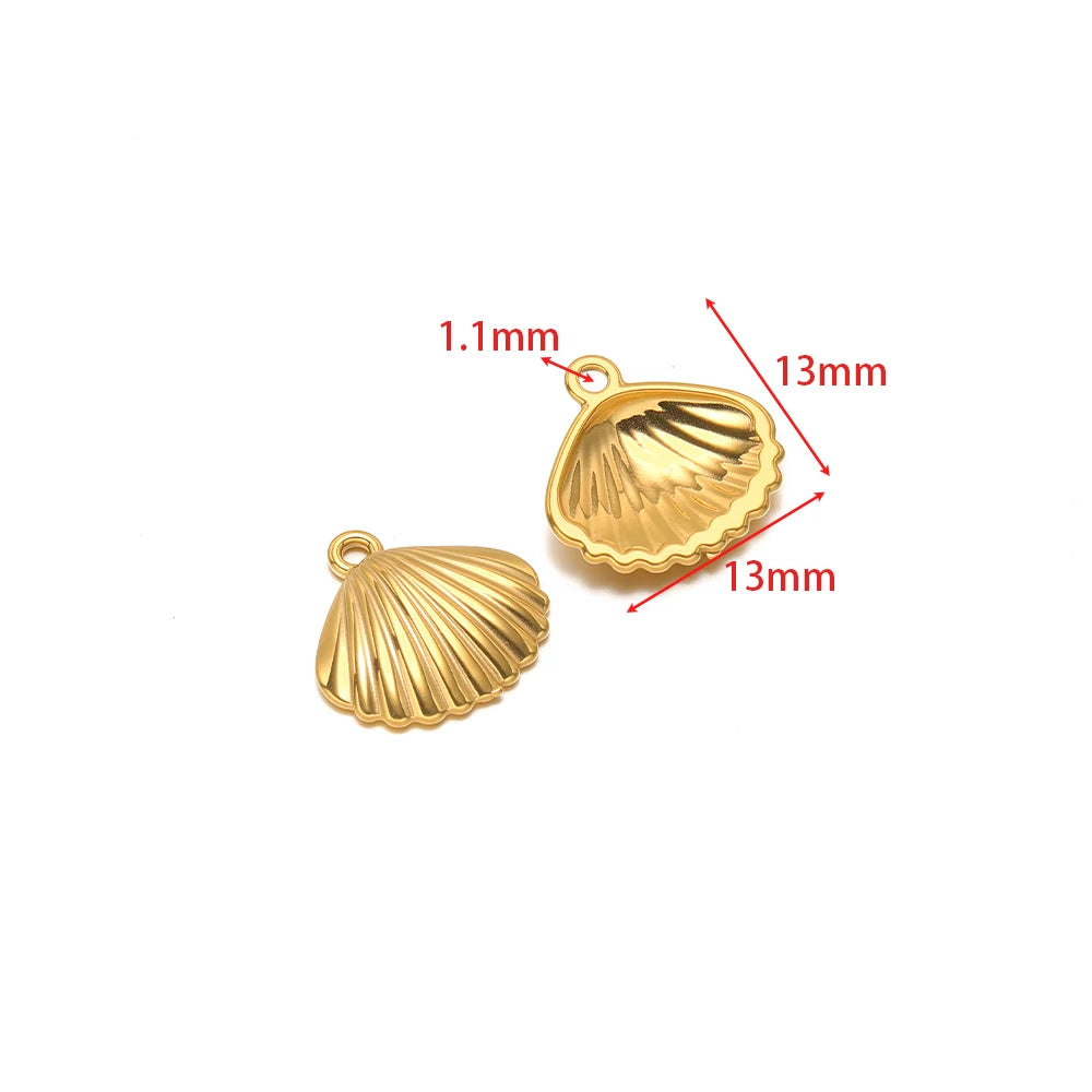Stainless steel animal charm pendants set, scallop shell shaped with gold-tone finish and loops