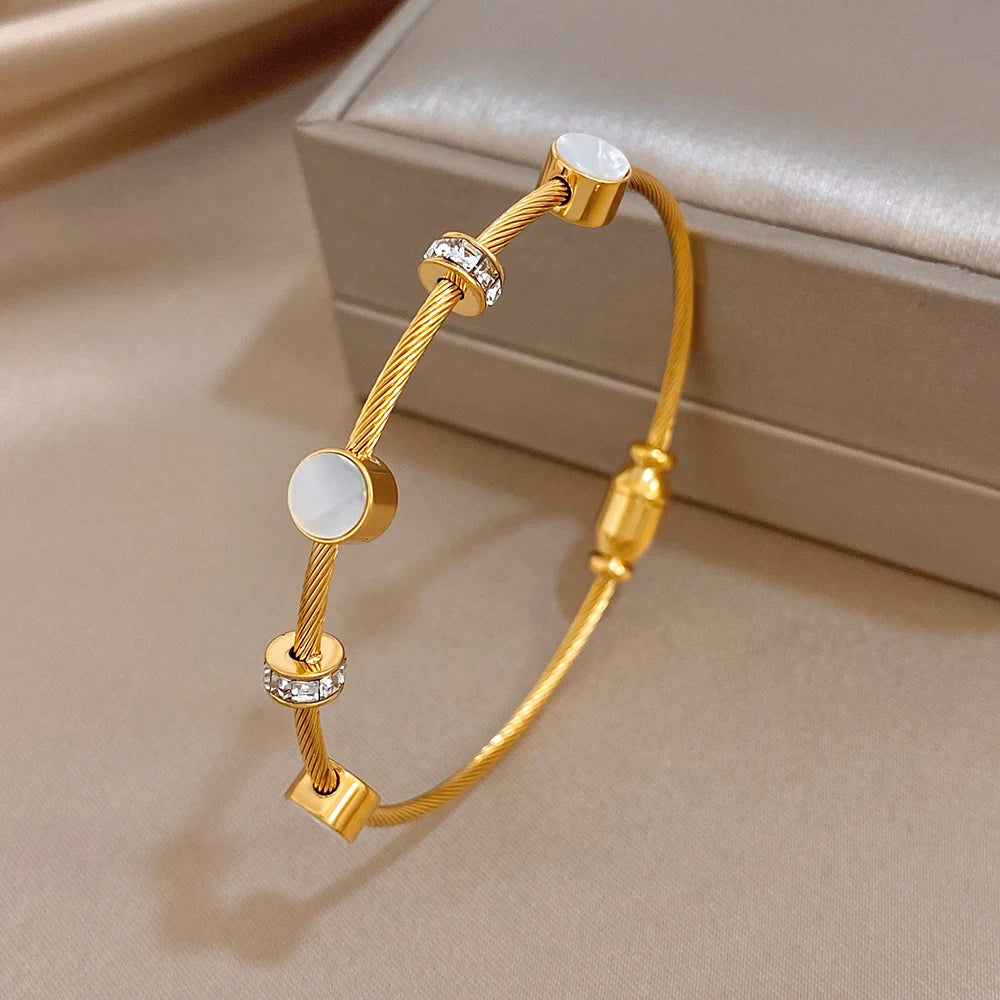 Chic Shell Rhinestone Twisted Stacked Bracelets for Women Elegant Gold Plated Stainless Steel Cuff Bangle Waterproof Jewelry
