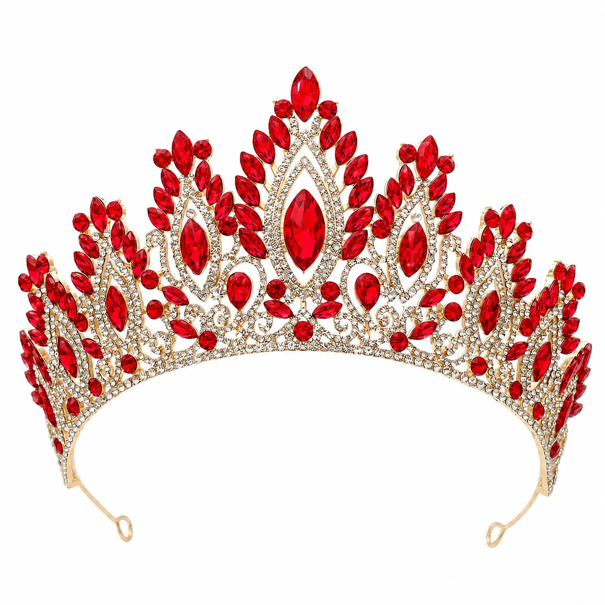 Crystal tiara headband with red rhinestone marquise accents and jeweled central oval