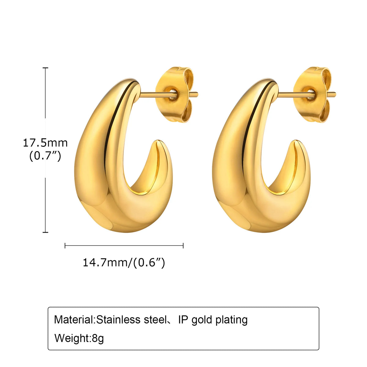 Gold-tone hoop earrings with small hinged stud clasp, smooth oval profile
