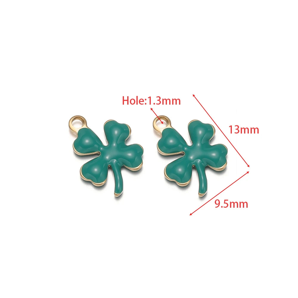 Green enamel clover charms with gold-tone loops, 13mm size and 1.3mm hole
