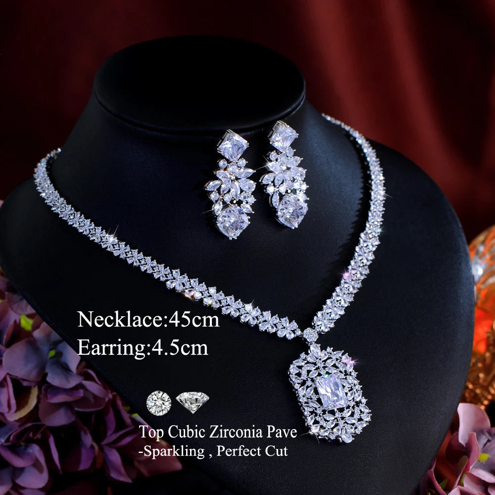 Cubic zirconia flower necklace and drop earring set