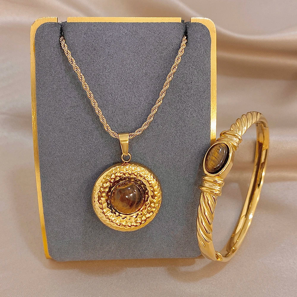 Vintage Stone Twisted Cuff Bangle Necklace for Women Chic Gold Plated Stainless Steel Bracelet Necklaces Waterproof Jewelry