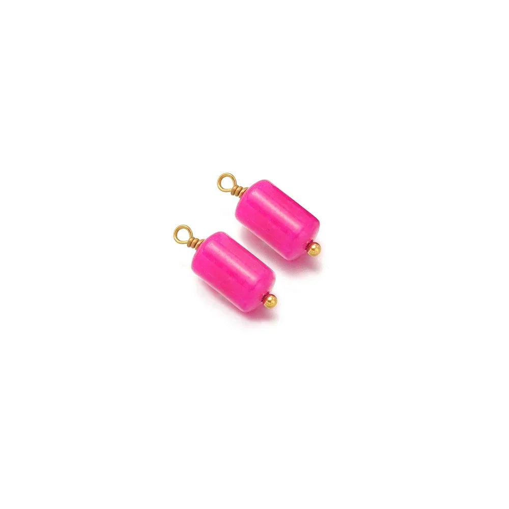 Pink cylinder stone charm pendants with gold-tone loops, two-piece view