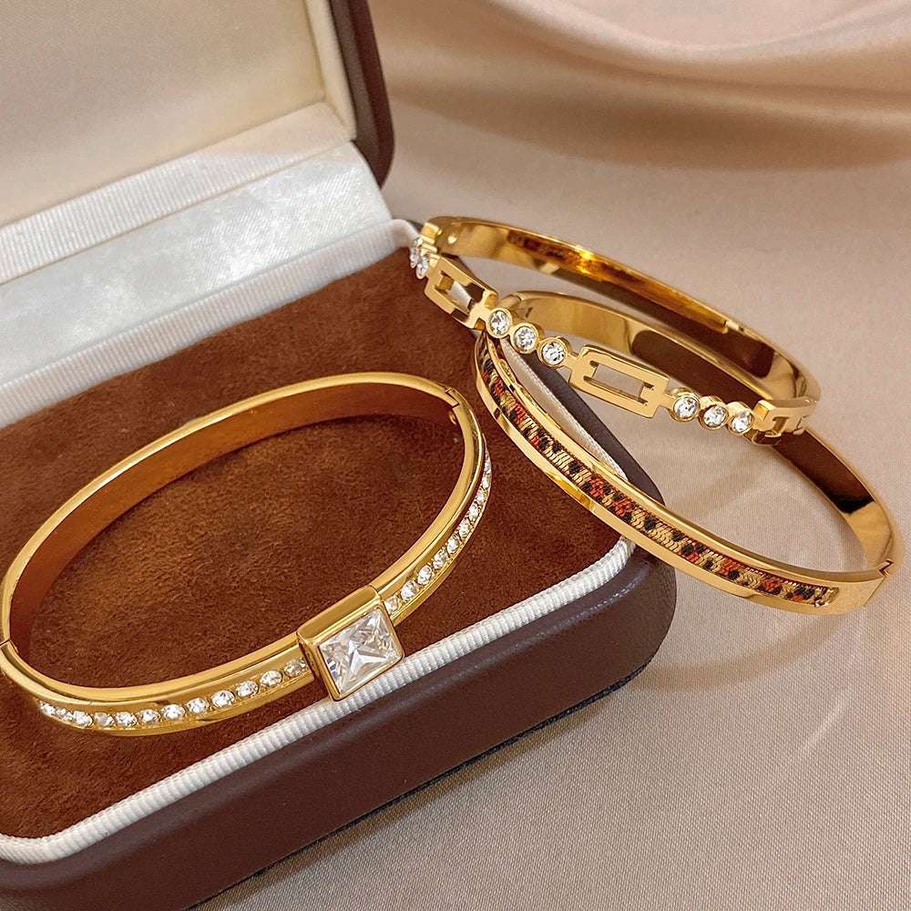 Trendy Gold Plated Stainless Steel Cuff Bangle Bracelets for Women Shiny Geometric Zircon Stackable Bracelet Waterproof Jewelry