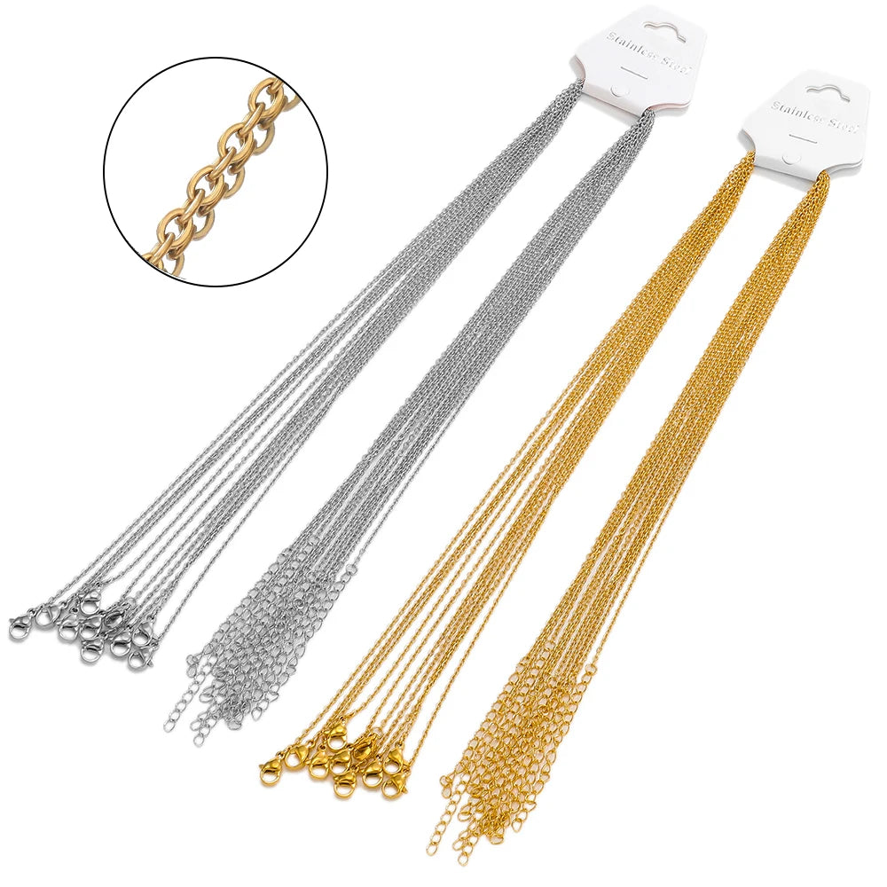 Steel and gold cable link chains, 5cm extension pieces with clasp ends for DIY necklaces