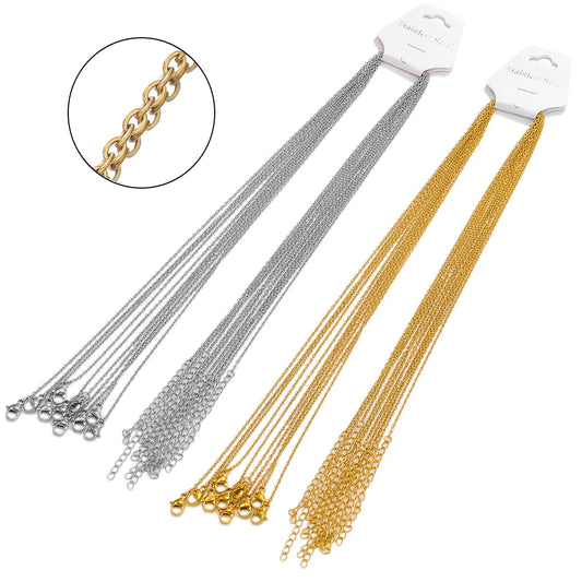 Steel and gold cable link chains, 5cm extension pieces with clasp ends for DIY necklaces
