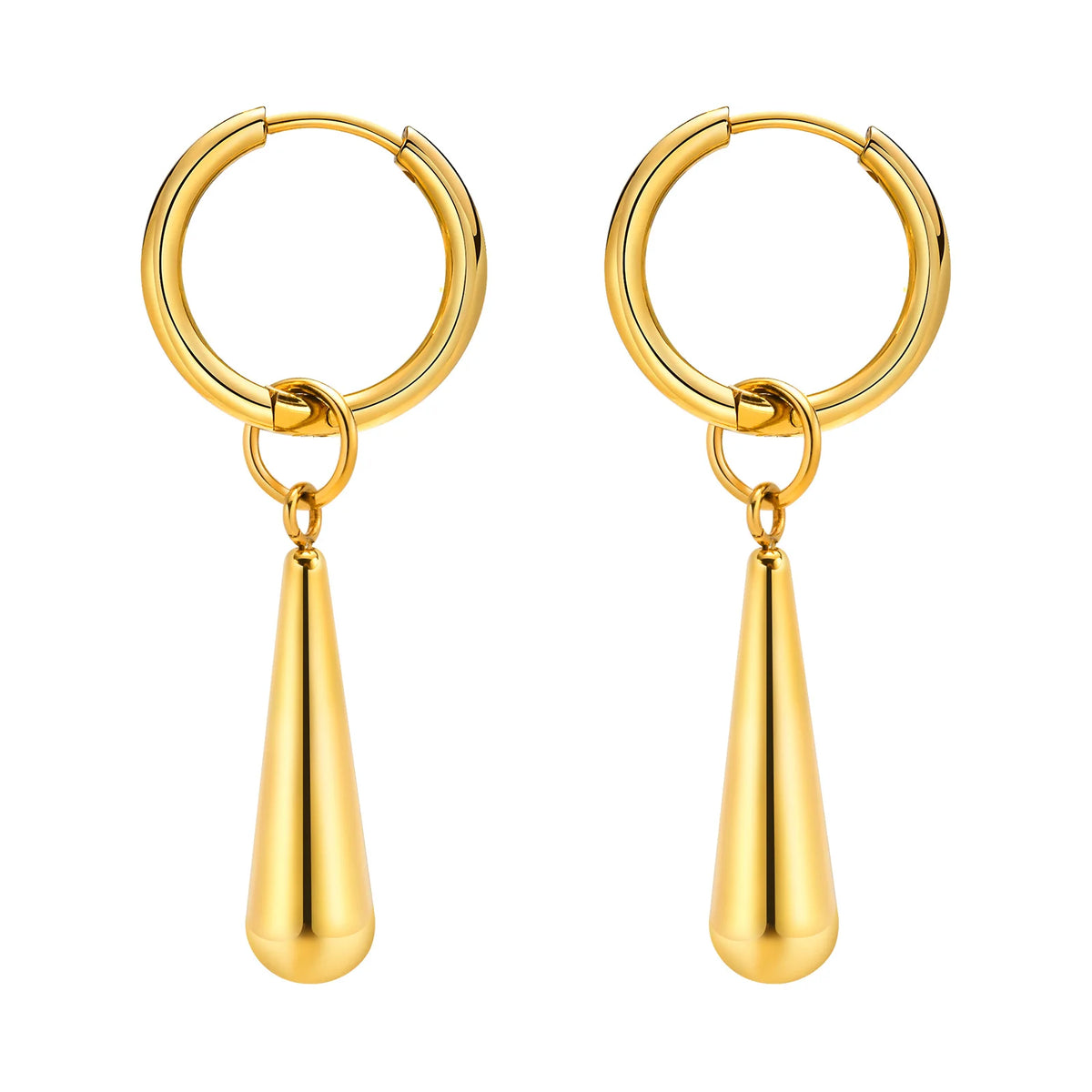 Pair of gold-tone hoop earrings with smooth, tapered drop pendants