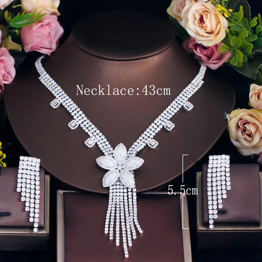 Crystal necklace set: 43cm necklace length, flower tassel pendant, 5.5cm earrings