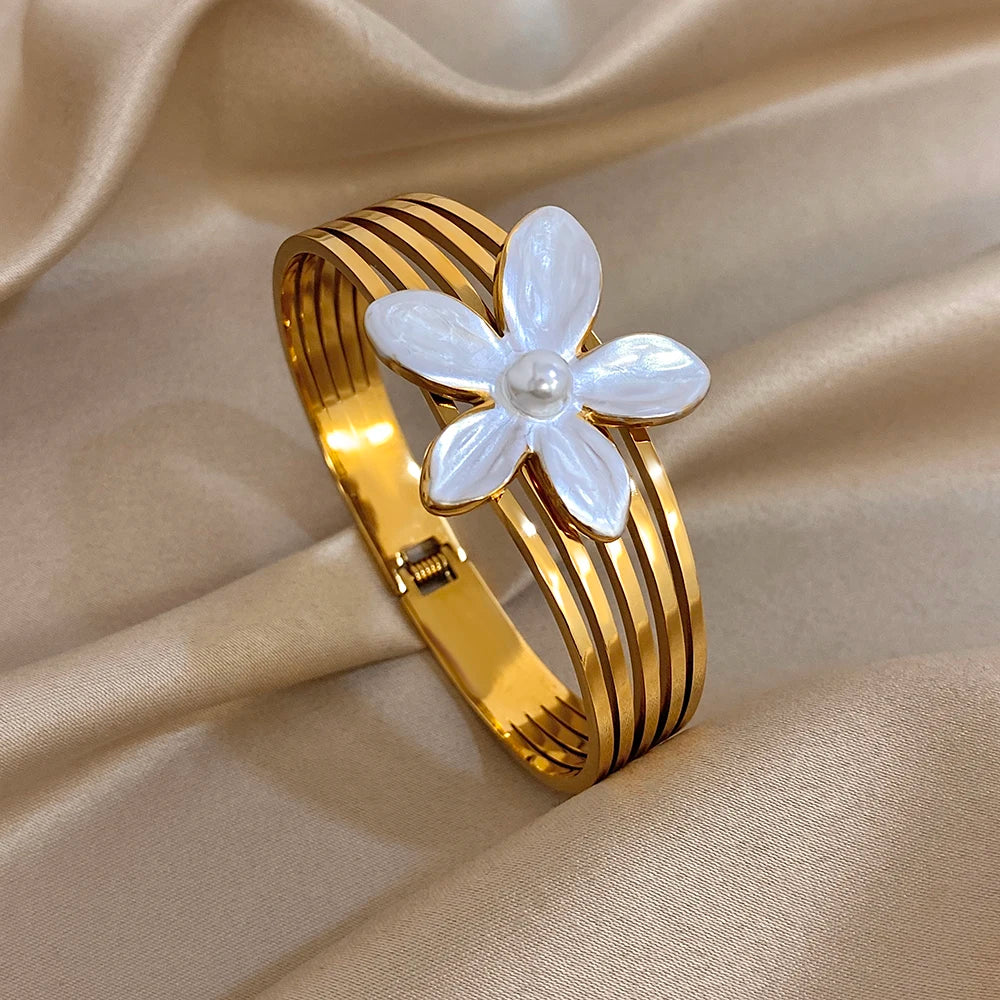 Exquisite Enamel Flower Cuff Bangle for Women Glossy Rhinestone Gold Plated Stainless Steel Waterproof Bracelets Party Jewelry