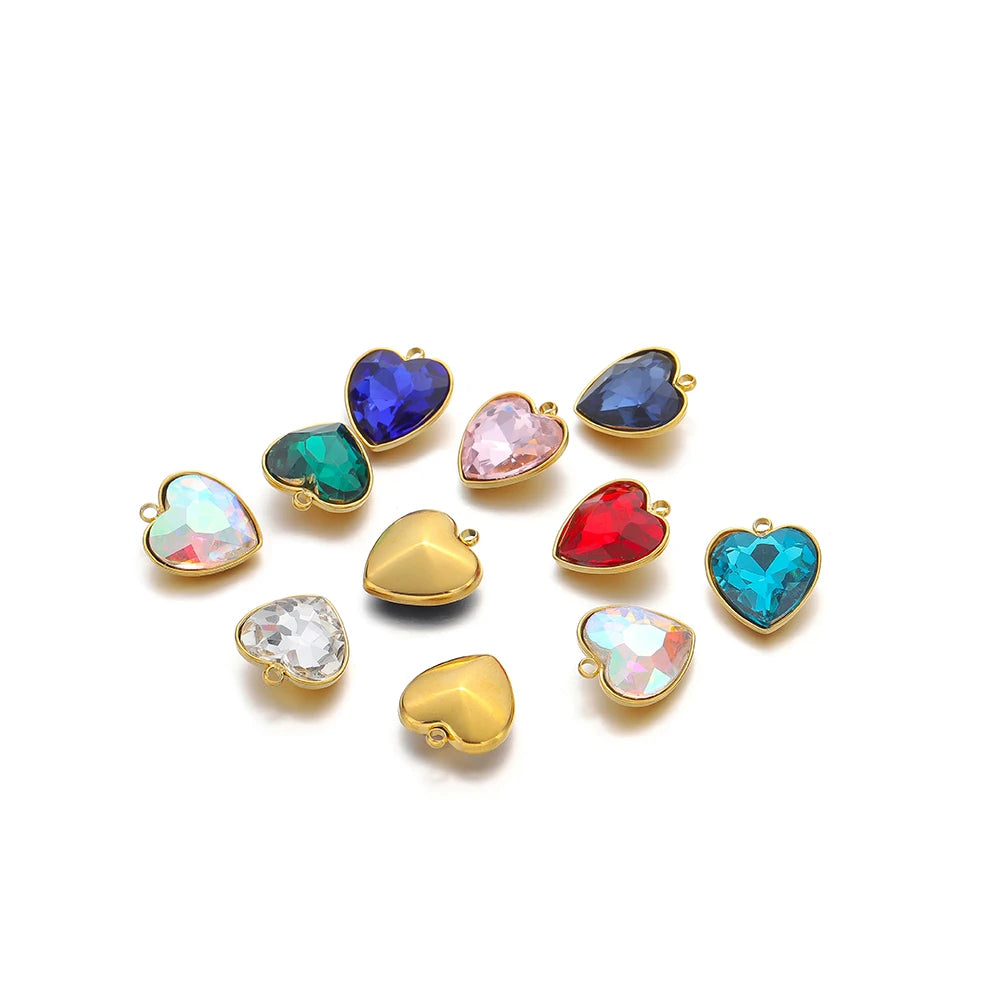 Heart crystal charm pendants set, gold-tone with multi heart stones and one gold heart charm