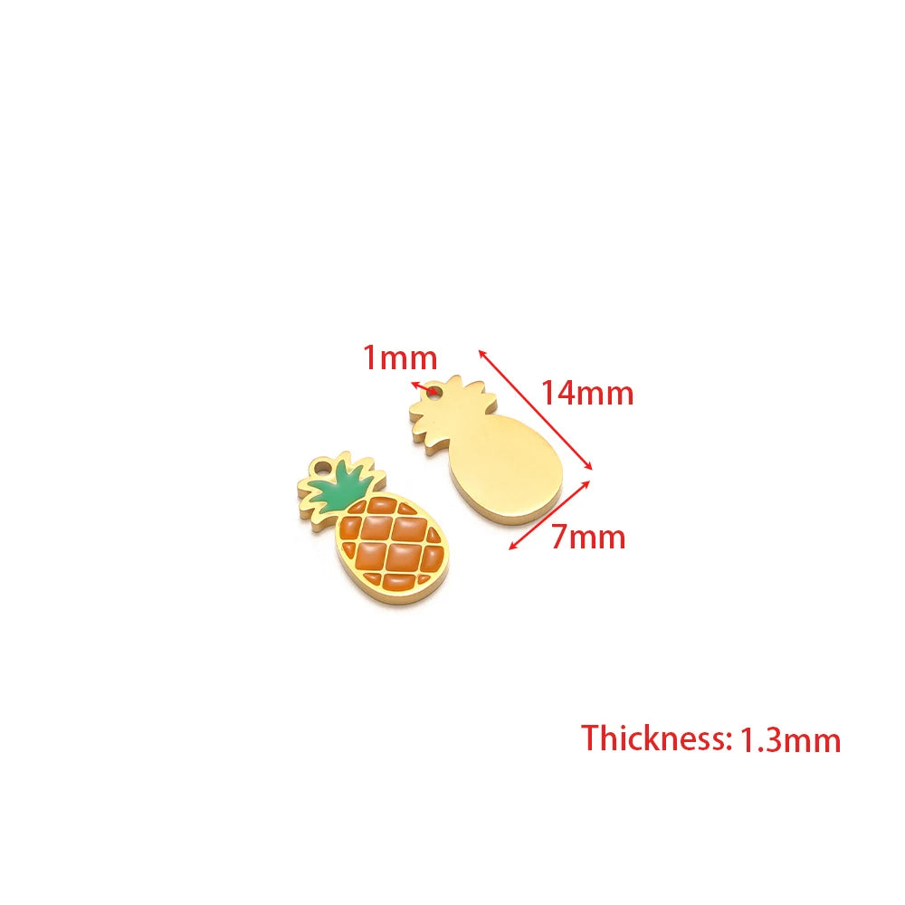 Pineapple charm pendant dimension guide; orange pineapple and gold shapes with measurements