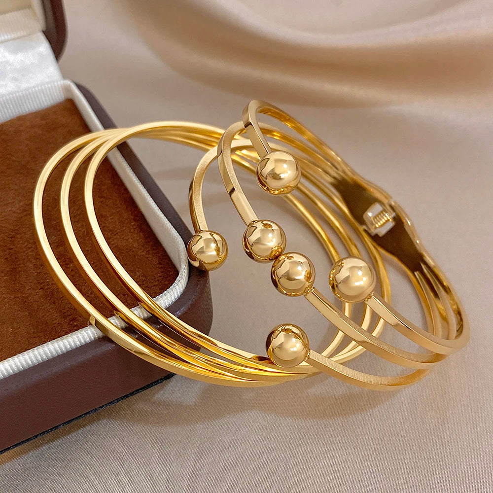 Glossy Multiple Balls Stainless Steel Cuff Bangle for Women Exaggerated Gold Plated Chunky Bracelets Waterproof Jewelry Set