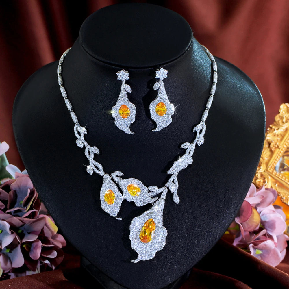 Calla lily cubic zirconia necklace and earrings set with yellow stones